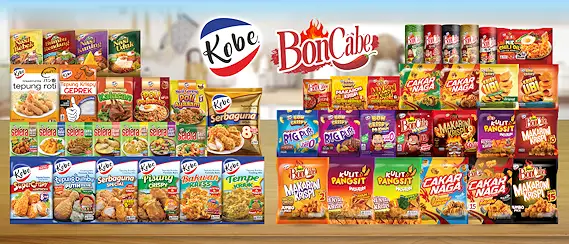 Semua Produk Kobe Indonesia: tepung bumbu, boncabe, bumbu selera, nasi goreng poll pedas, nasi uduk, nasi kuning, nasi rendang, dan nasi bebek