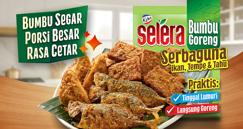Banner promosi Selera Bumbu Goreng Serbaguna Kobe Selera menampilkan kemasan produk dan piring ikan, tempe, tahu goreng