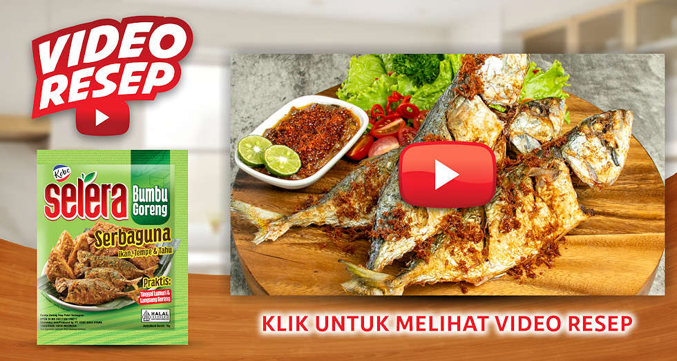 Banner video resep Bumbu Goreng Serbaguna Kobe Selera menampilkan kemasan produk, ikan goreng, dan sambal