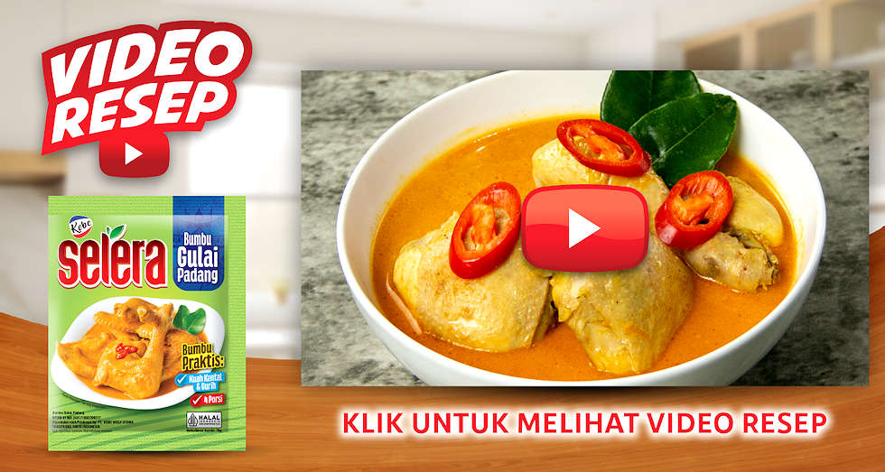 Banner bumbu instan Kobe Selera Gulai Padang dengan kemasan di kiri dan semangkuk gulai ayam berkuah kuning di kanan, dihias cabai merah serta tombol play video resep.
